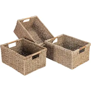 Large Wicker Basket Rectangular with Wooden Handles for Shelves, Seagrass Basket Storage, Natural Baskets for Organizing, Wicker Baskets for Storage - 3 Pack Large