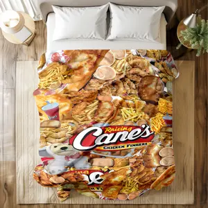 Raising Cane's Food-Themed Printed Blanket, Throw Blanket with Crispy Chicken & Fries Pattern - Super Soft & Skin-friendly, Long-Lasting & Quick-Drying, Machine Washable, Multi-Size for Bed, Sofa, Travel & Office Naps, Ideal Gift for Fast Food Fans