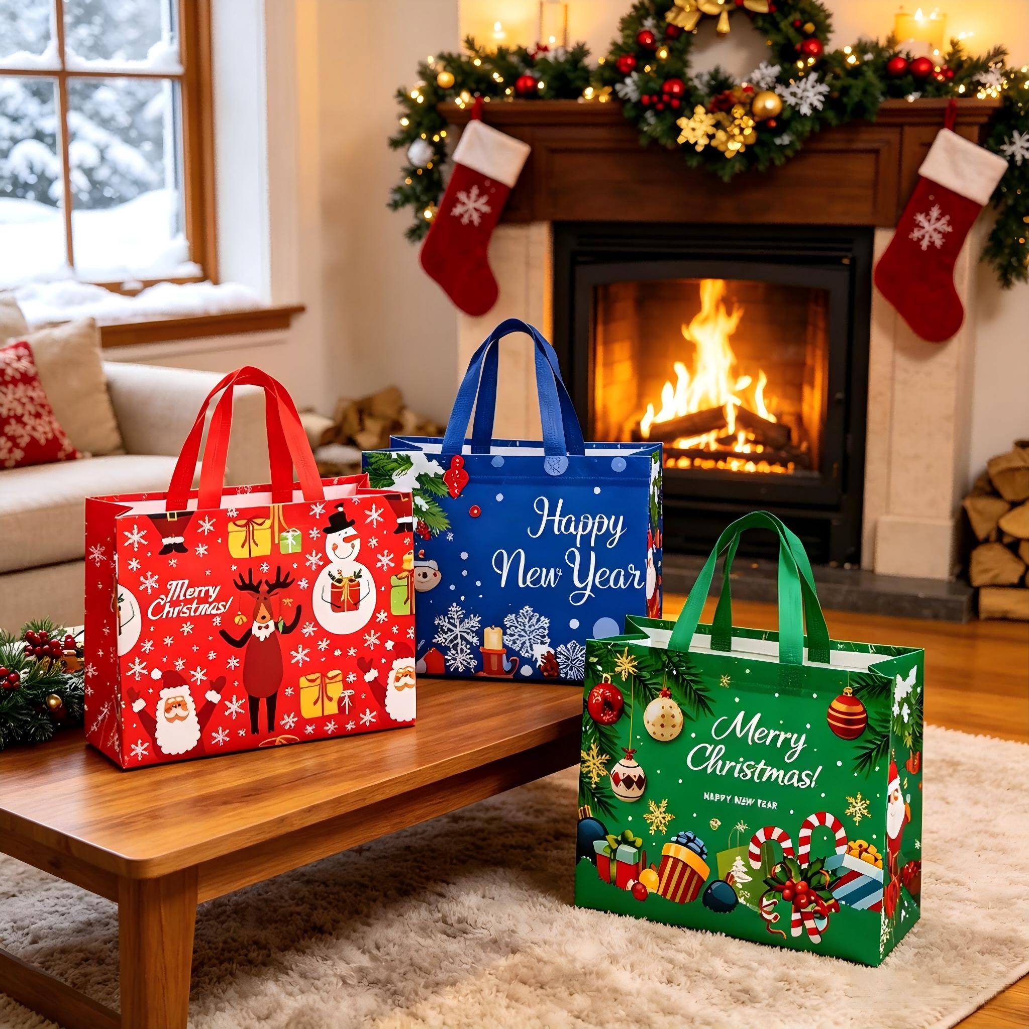 12 Pack Heavy-Duty Christmas Gift Bags with Handles, Reusable Non-Woven Folding Waterproof Tote Bags, Assorted Xmas Patterns for Holiday Gifting, Xmas Party Decor & Everyday Storage