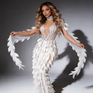 Women's White Formal Evening Gown - Lady's Luxury Rhinestone Pearl Leaf Fringe Dress, Sheer Mesh High Neck Long Sleeve Formal Wear with Crystals and Zip, Ideal for Wedding Guests, Gala Events,summervibes