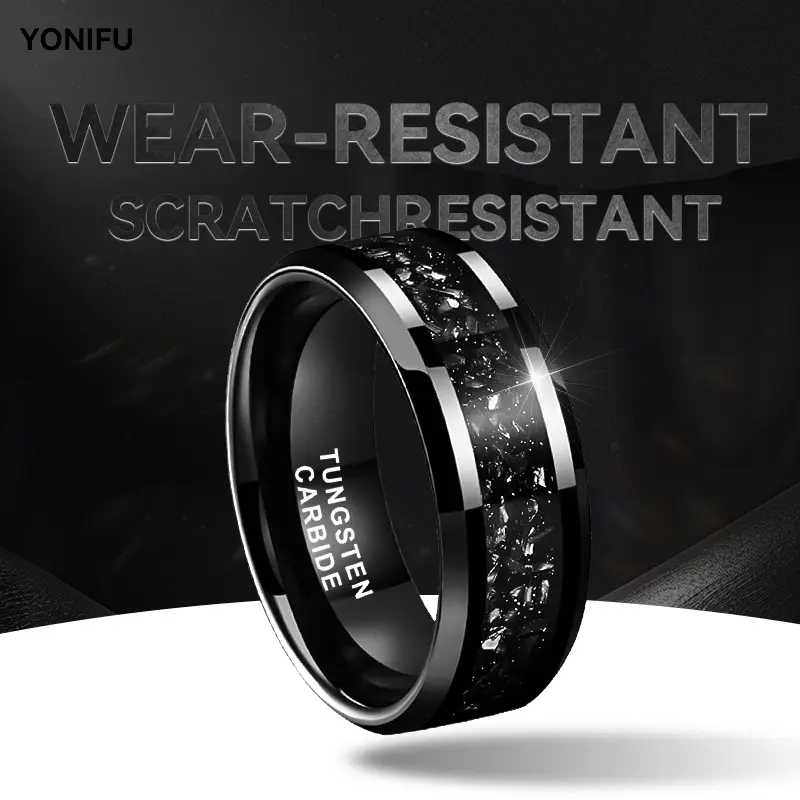 Yonifu 8mm Black Tungsten Carbide Men's Round Band - Crushed Carbon Inlaid, Luxury Modern, Scratch Res., Comfort Fit, Dark Aesthetic Rings, Engagement/Casual Finger Ring Accessory, Finger Rings