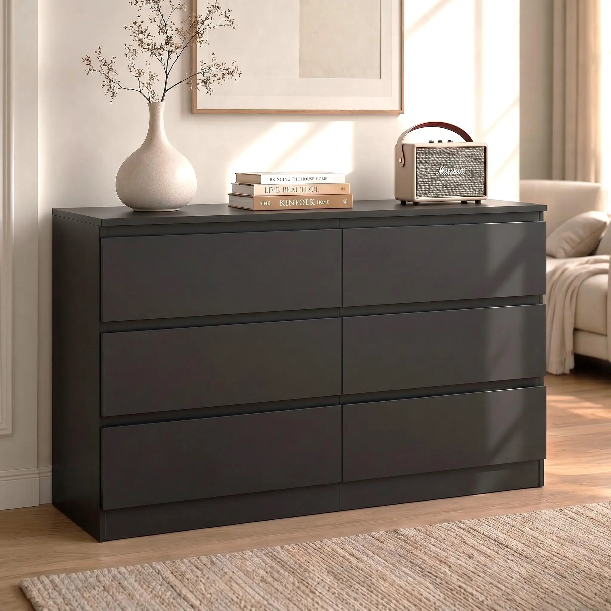 Black Dresser for Bedroom Wood 6 Drawer Modern High Gloss | 47" Wide, Handle-Free, long, for Living Room, Entryway, TV Stand, Storing CLothes, Dressers & Chests of Drawers