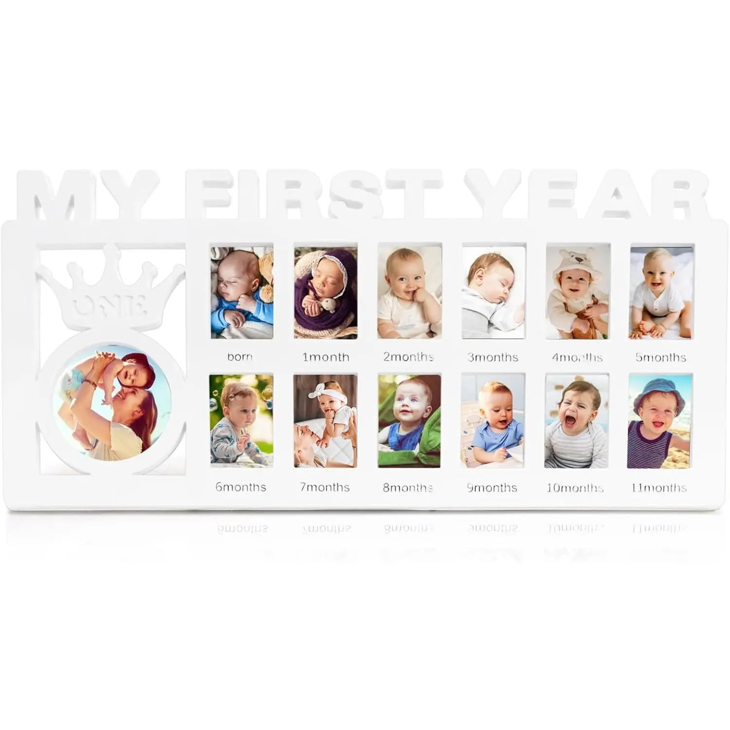 Newborn Baby Picture Frame, 15" x 7.3" My First Year Frame, Plastic 12 Month Babies Photo Frame, Monthly Milestone Keepsake for New Mom Gift Baby Shower, 13 Photo Inserts