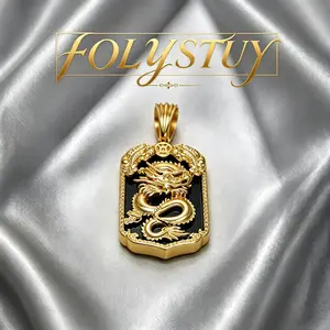 [FOLYSTUY(YNK21)]Exquisite Eastern Carved Dragon Plate Pendant With Thick Glossy Gold Tone Frame, Bold Black Inner Background Design, Ideal Present For Vintage Statement Jewelry Lovers