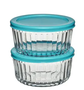 Sculpted Glass Food Storage Container with Lids 4 Cup Round Set of 2 Clear Glass with Blue Lids for Kitchen Use
