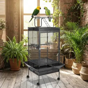 Large Vintage Wrought Iron Bird Cage with Rolling Stand – 65" Flight Cage with Playtop, Perches & Stainless Steel Bowls, 360° Wheels, Easy Cleaning, Ideal for Parrots, Cockatiels & Conures Play Top