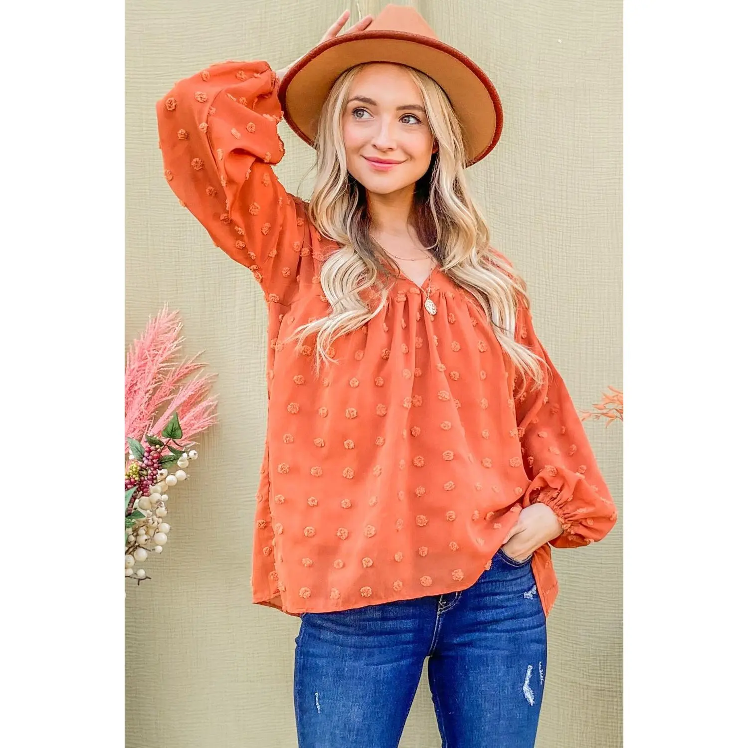 And The Why Swiss Dot V Neck Balloon Sleeve Woven Blouse
