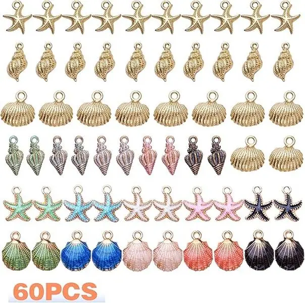 60PCS Shell Starfish Conch Charms Alloy Ocean Theme Pendants Sea Animals Dangle Charms for DIY Earrings Necklace Bracelet Crafts Jewelry Making Accessories