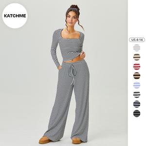 KatchMe Women's Versatile Square Neck Stripe Long Sleeve Crop Top & Low-Rise Wide Leg Trousers Co-ord, Cozy Two Piece Sets for Fall & Spring, Casual Womenswear
