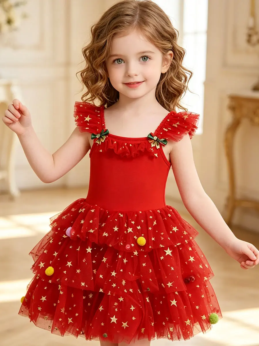 Toddler Little Girls Princess Dress - Red Star Print Spaghetti Strap Crew Neck Short-Sleeve Party Wear, Pom-Pom Bow Decor Layered Above-Knee All-Seasons Birthday Christmas Costume