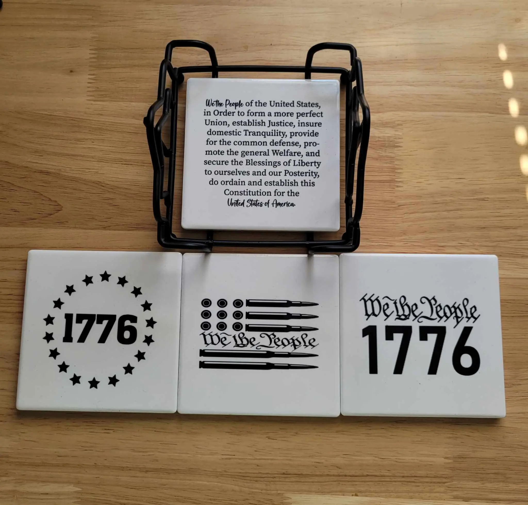 Set of 4 Ceramic Coasters with Metal Coaster Holder