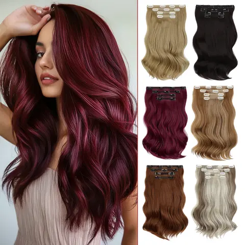 Lansigreen Women's 4-Piece Clip Hair Extensions - 16in 165g Soft Wavy Curly Fiber Synthetic Curls, 11 Clips, Dark Brown Artificial Hair Extension, Silky Texture, Cut-Curl-Wash-Rewear Friendly, Instant Volume Boost, Quick Secure Fit, Daily Bad Haircut Fix