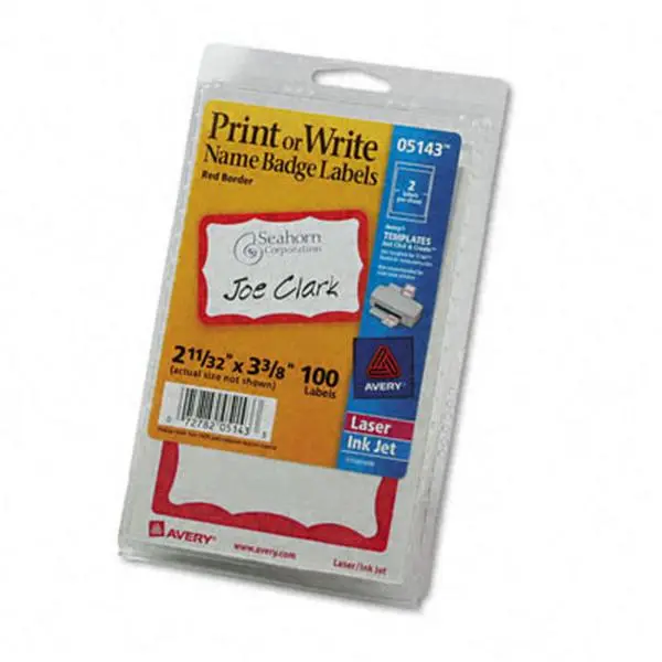 Avery 5143 Self-Adhesive Border-Style Name Badges, 2.25x3 in Red, 100 Labels Per Pack, Compatible with Inkjet/Laser Printers