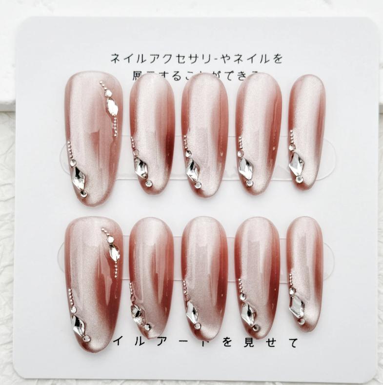 Delicate Crystal Rhinestone Long Almond Press on Nails - Pink Cat Eye Gel Polish (Handmade)