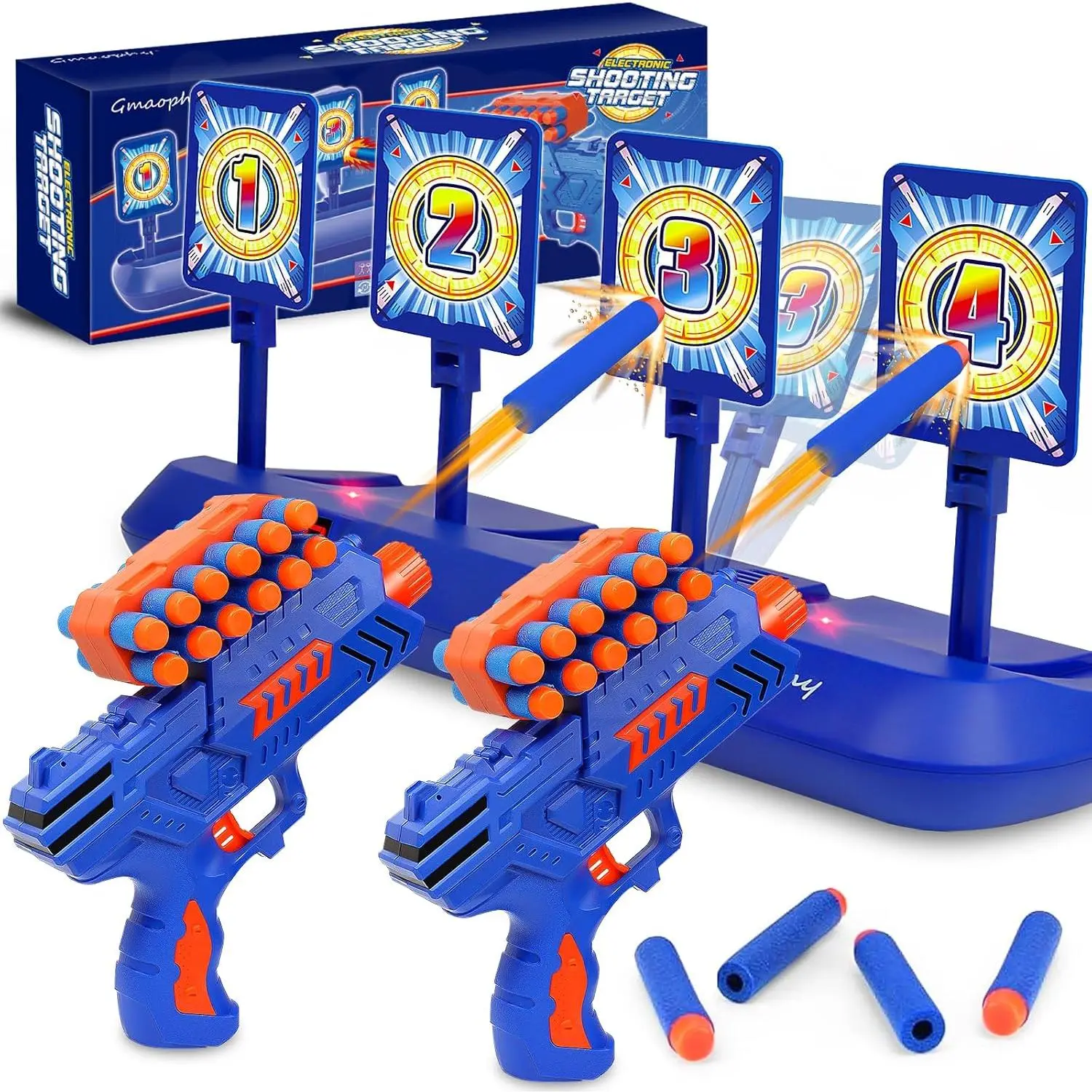 Digital Shooting Targets Boxed Set, 2 Foam Dart Toy Blasters, Electronic Scoring Auto Reset 4 Targets, Indoor/Outdoor Kids Shooting Game Toys for 5-10+ Years Old Birthday Gifts
