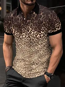 Men's Summer Fashion Casual Short Sleeve Polo Shirt Top, Leopard Print, Fitted Regular Fit, Button Neck, All Season Comfort, Polyester