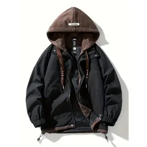 [Home Relaxation] Men's Casual Hooded Windbreaker Jacket - Stylish Color Block Design with Zipper Pockets, Drawstring Hood & Cuffs, Polyester, Loose Fit for Fall/Winter Collar Fabric Tops Sleeve Black Menswear