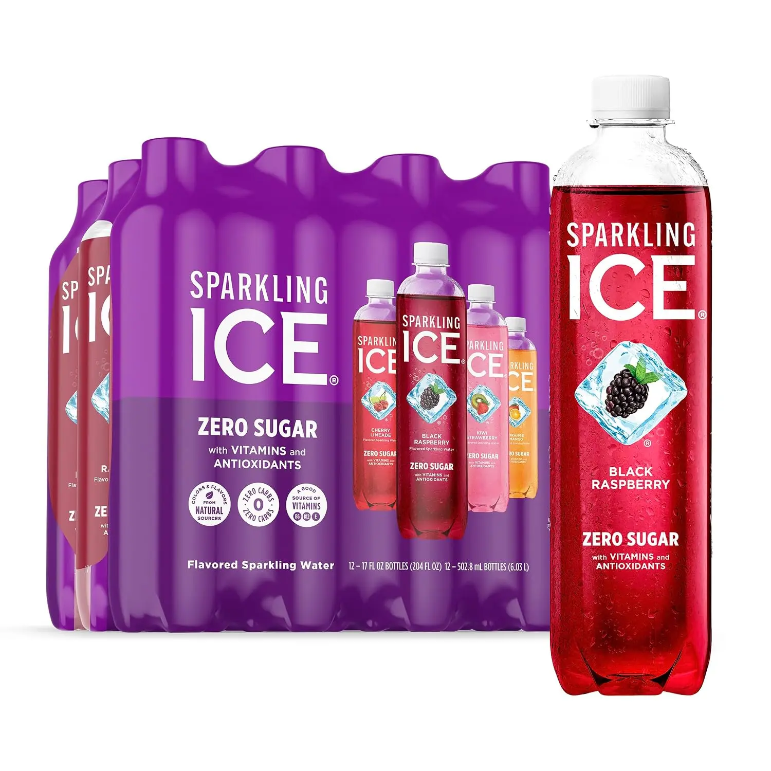 Sparkling Ice Purple Variety Pack, Flavored Water, Zero Sugar, with Vitamins and Antioxidants, 17 fl oz, 12 count (Black Raspberry, Cherry Limeade, Orange Mango, Kiwi Strawberry)