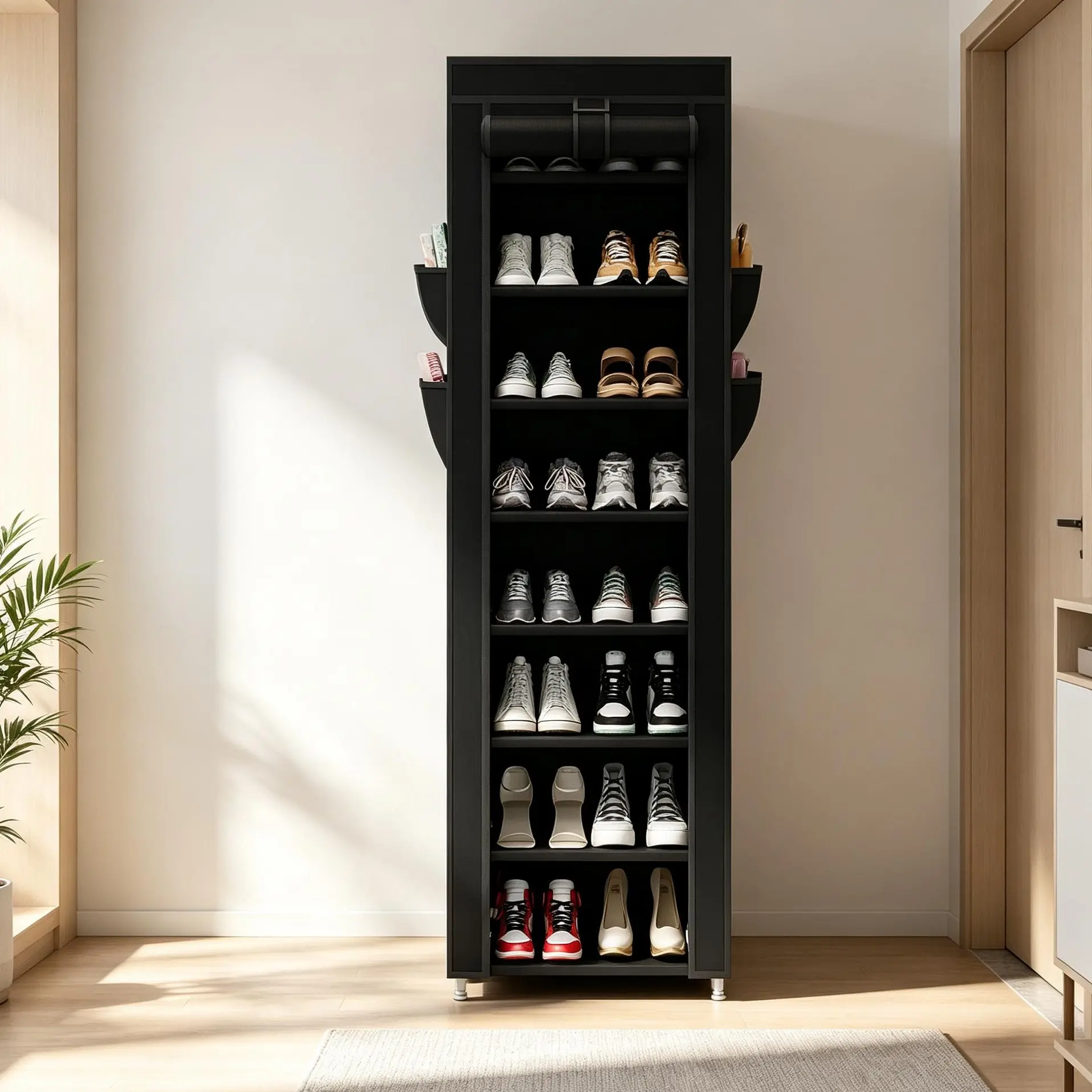 UDEAR 10-Tier Narrow Shoe Rack, 17.71 inches Wide, with 9 Compartments and Dust Covers, Adjustable Vertical Shelves, Ideal for Home Decor and Storage
