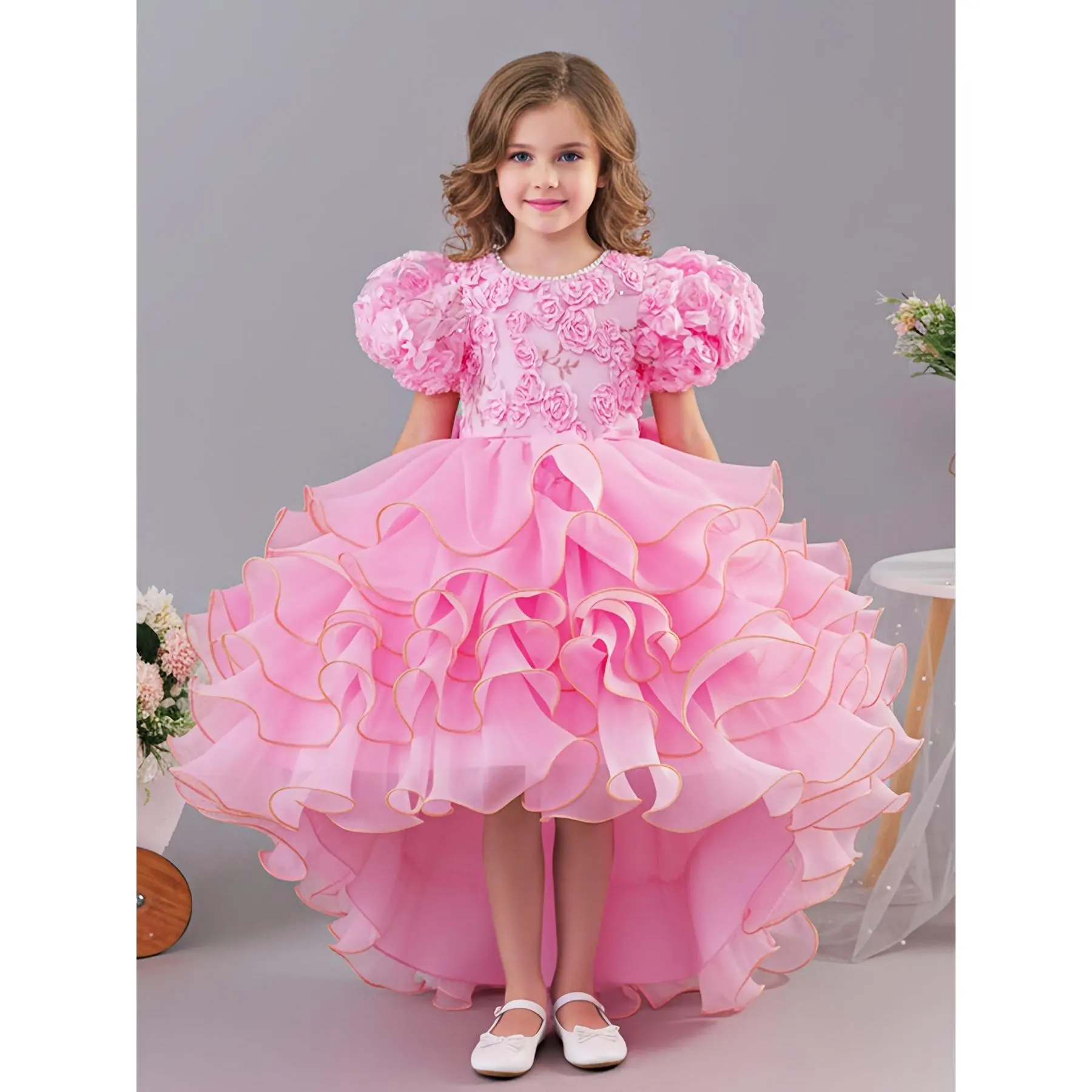 Pink Puff 3D Floral Appliqué High Low Ruffle Tulle Girls Formal Dress, Princess Gown For Birthday Party Pageant Wedding Flower Girl Photoshoot Prom Costume # Girls Daisy Smocked Ruffle Dress # princess style formal gown # spring birthday dress