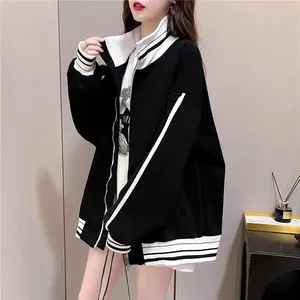 Black Sweatshirt for Women, Full Zipper Top, Zipper Jacket, Striped Y2K Style Hoodie Long Sleeve Style Matching Womenswear Coats