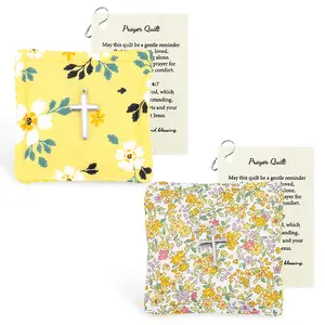 Prayer Quilt Mini Set, Handmade Christian Comfort-Inspired Quilt, Yellow Floral Pocket Prayer Quilt, Small 8.5x8.5cm Cotton Faith Comfort Object, Light-Themed Encouragement Gift for Reflective Seasons, 2 Pack with Cross Detail