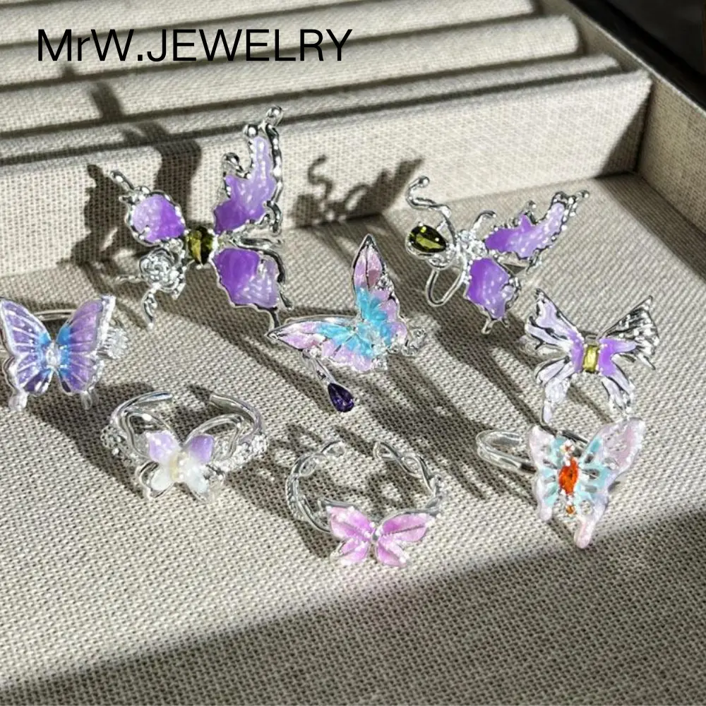Peach Mist Purple Butterfly Sweet Gentle Style Purple Gradient 3D Butterfly Fashion Ring for Women Niche Minimalist Index Finger Ring