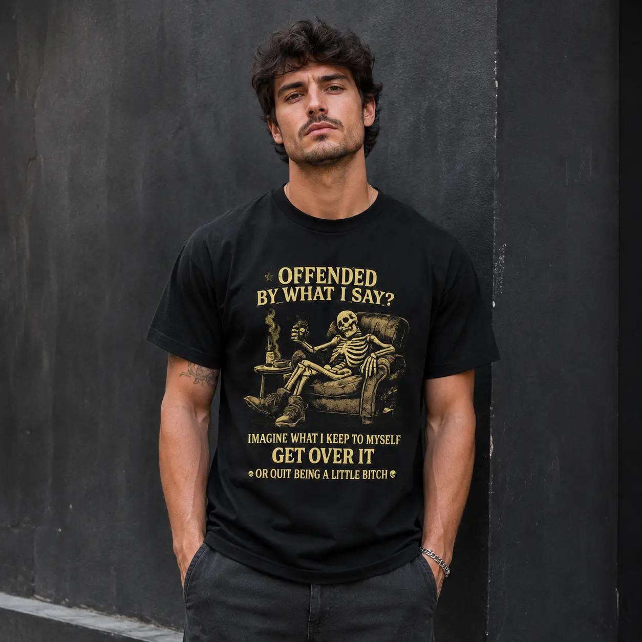 Men's Pure Cotton Short-Sleeve Graphic T-Shirt - Black Round Neck Sarcastic Skeleton & Beer Humorous Art Casual Streetwear, Funny Menswear Clothes Gift