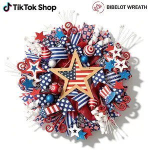 22-Inch Patriotic Red White Blue Star Wreath, Rustic Farmhouse Decoration & Ornaments for 4th of July Independence Day Front Door Porch Wall Indoor Outdoor Home Decor