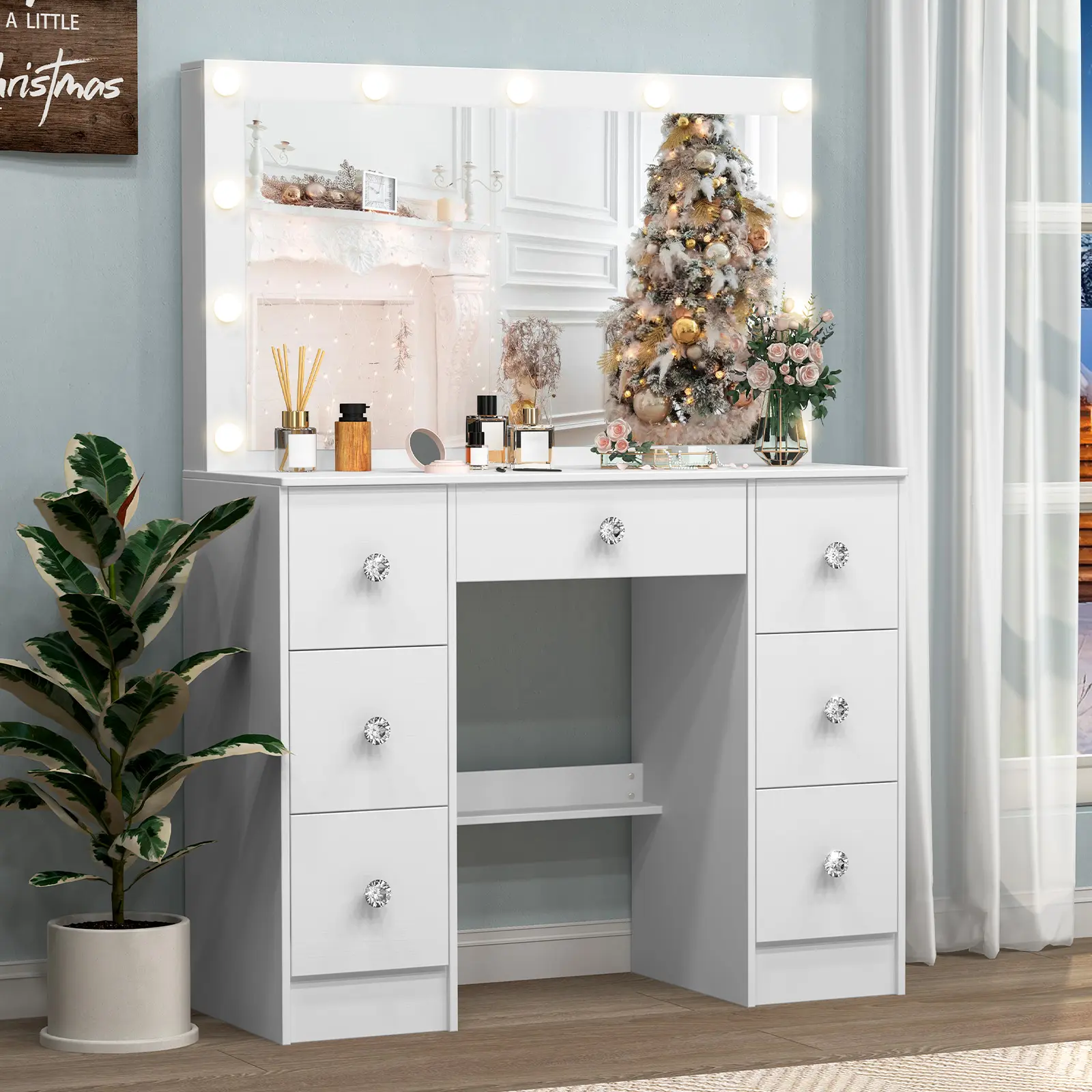 White Makeup Vanity Desk with 55.1in Large LED Mirror (11 Bulbs, 3 Color Modes), 7 Drawers, Dresser Storage Organizer, Stable Sturdy 99.6x38.6x140cm Design for Bedroom Bathroom Modern Indoor Furniture