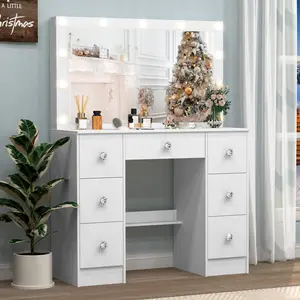 Vanity Desk with Large LED Mirror, 55.1" Makeup Vanity Table with Mirror with 3 Lighting Modes, 7 Drawers, for Bedroom, White furniture