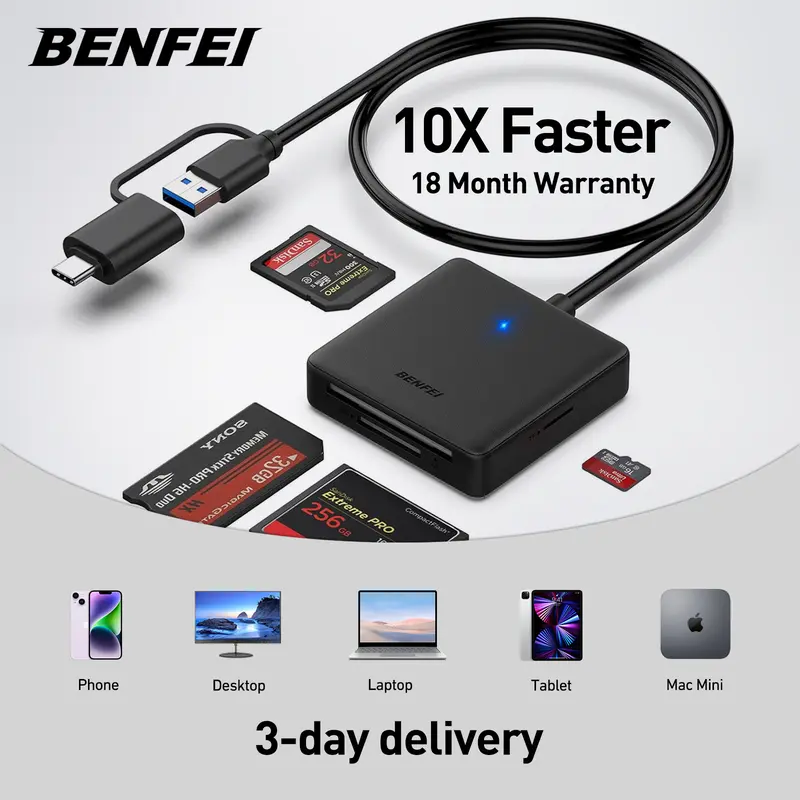 Memory Card Reader, BENFEI 4in1 USB 3.0 and USB-C to SD Micro SD MS CF Card Reader Adapter, 4 Cards Simultaneously Read and Write, Compatible with iPhone 15 Series, MacBook Pro/Air 2023, and More