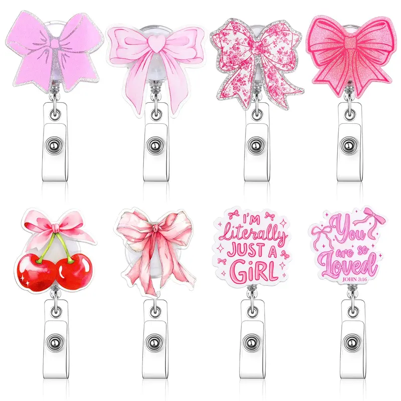 Gejoy 8-Pack Cute Cartoon Pink Bow Retractable Badge Reels - Metal & Plastic Compact Carry ID Display Holders with Alligator Clip, 8-Pieces Party Gifts for School Staff Teacher Appreciation, Badge Reels Retractable, Id Badge Holder