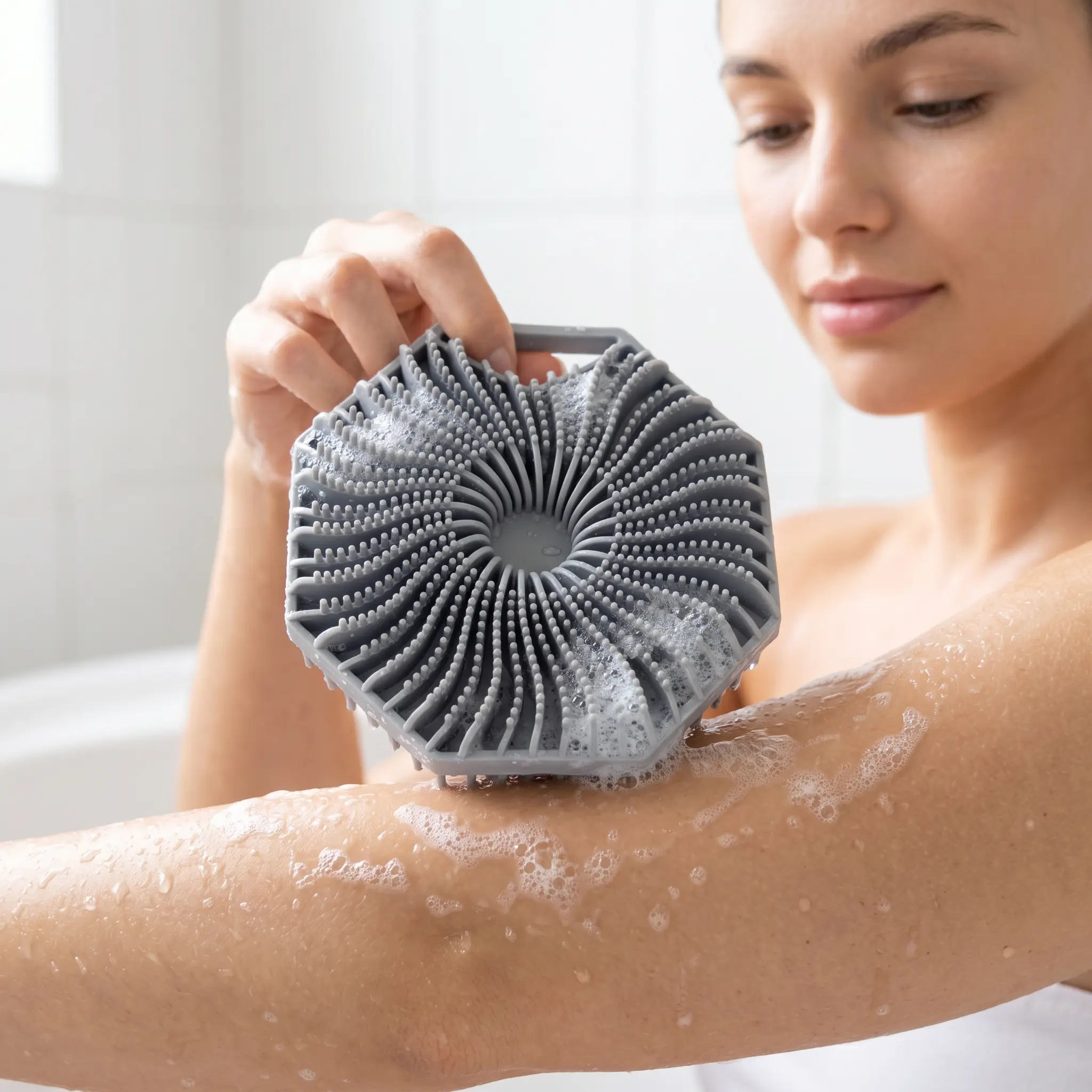 Silicone Body Scrubber - Ergonomic Soap Dispenser Bath Tool with Hand Strap, Gentle Exfoliating Glove for Deep Cleaning, Dead Skin Removal, Self Care Products, Exfoliators for Body, Combination & All Skin Types