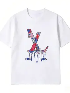 Trendy Color-Block Logo Loose Tee, Daily Wear Essential, Polyester Fabric Top, Comfortable Breathable, Unisex Design