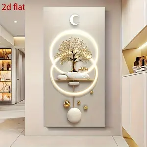 2D Flat, 2D Flat Wabi Sabi Style Wealth Tree Canvas Wall Art - Modern Luxury Golden Tree of Prosperity with Crescent Moon & Stones, Indoor/Outdoor Vertical Wall Decor for Living Room, Bedroom, Kitchen, Bathroom, Office, Dining Room, Boho Decor, 2D Flat