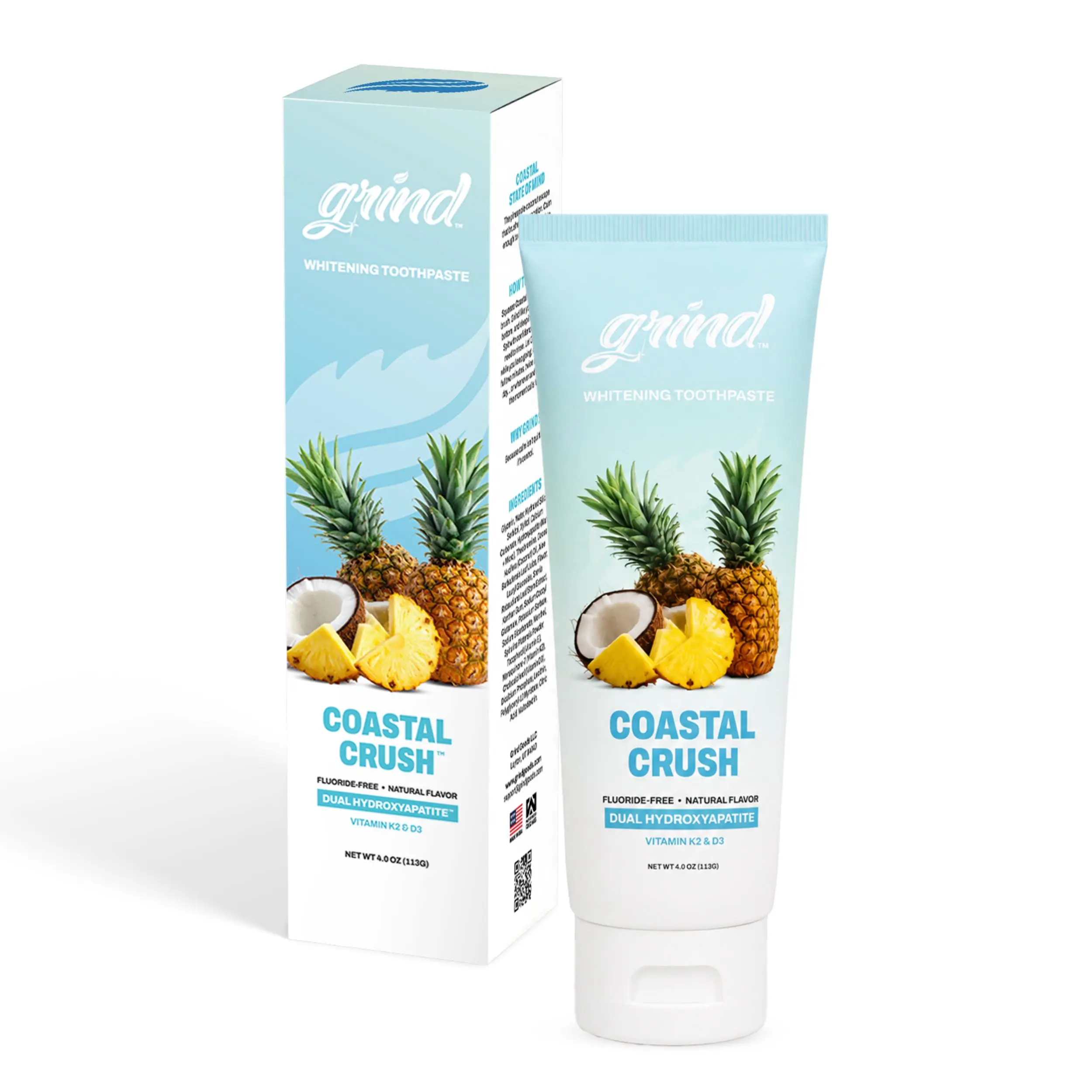 Grind Coastal Crush Fluoride-Free Cosmetic Daily Oral Care Toothpaste with Dual Micro-Nano Hydroxyapatite Whitening, Pineapple Coconut Flavor, Gentle for Sensitive Teeth, Vitamins-Infused, 4 oz