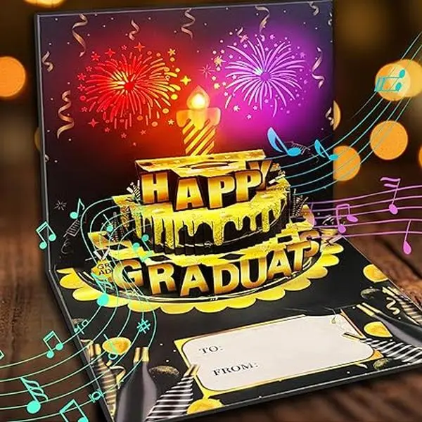 Pop-Up Graduation Card 2024, Musical Pop-Up Graduation Card with Lights, 3D Happy Graduation Card with Envelope, Large Graduation Greeting Card, Congrats Grad Card for College High School