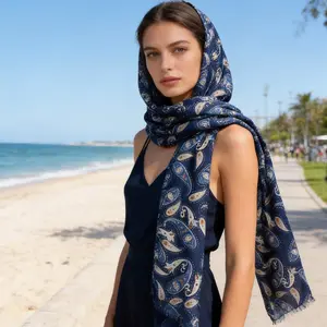 Vselectstudio #38 Blue Paisley Print Scarf Long Shawl Wrap Lightweight Fashion Scarf for Women Vintage Boho Pattern Shawl Stylish Wrap Scarf Casual Travel Beach Shawl Elegant Fall Winter Outfit