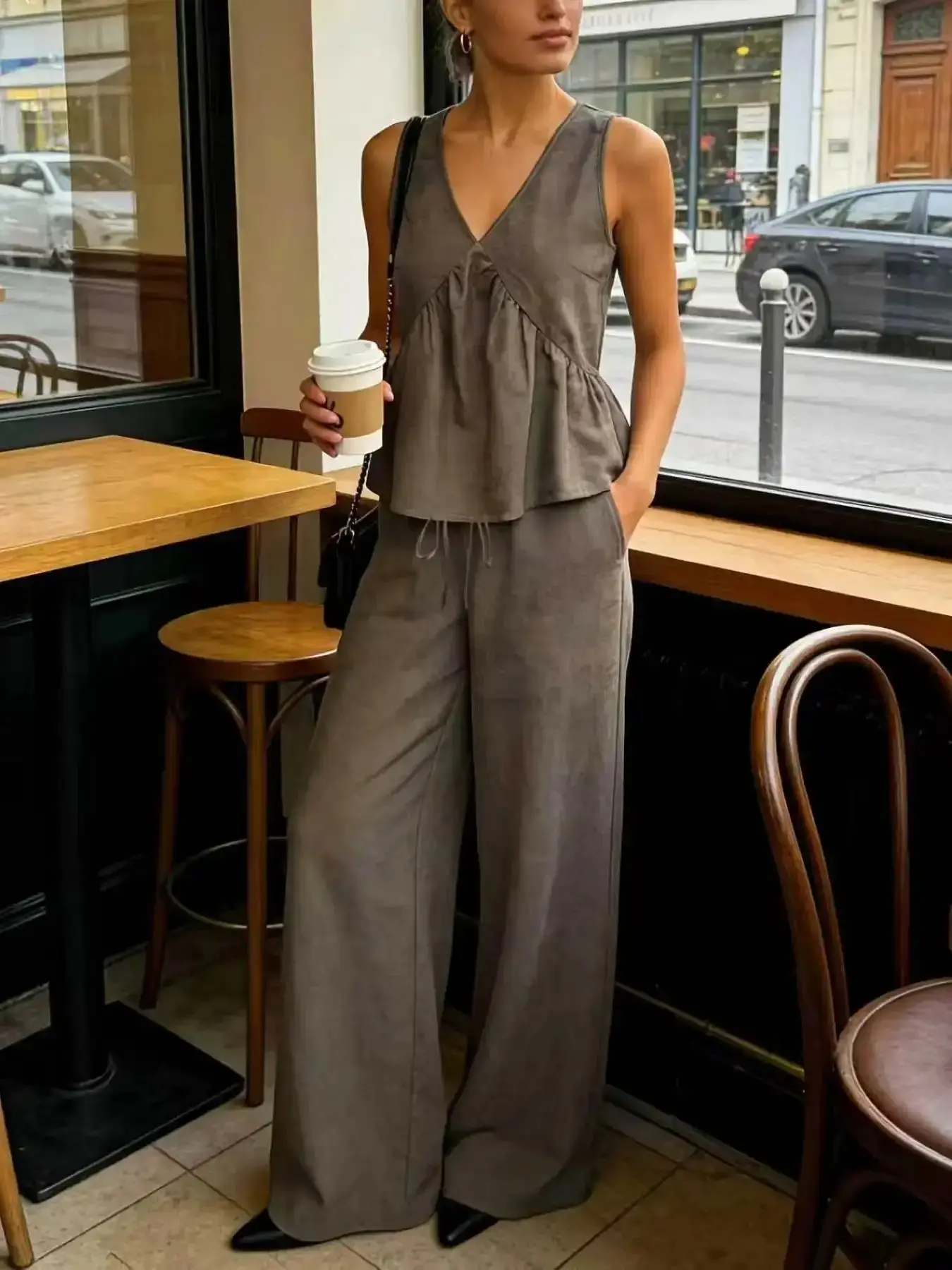 Vintage Coffee Color Set, Deep V Pleated Vest + Adjustable Drawstring Wide Leg Pants, Comfortable Lazy Casual Style Two-Piece Outfits Womenswear