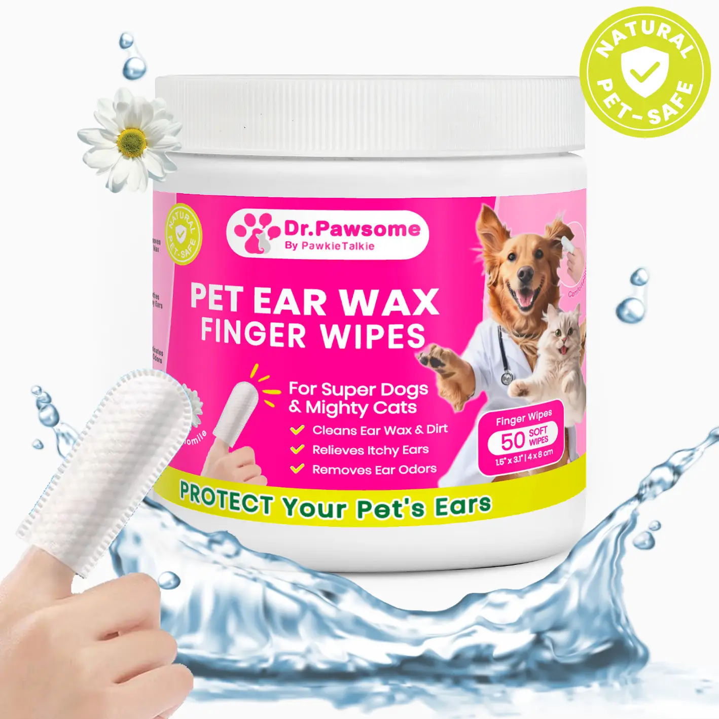 Dr. Pawsome Pet Care Ear Finger Wipes for Sensitive Skin - Natural Formula to remove ear wax and odor