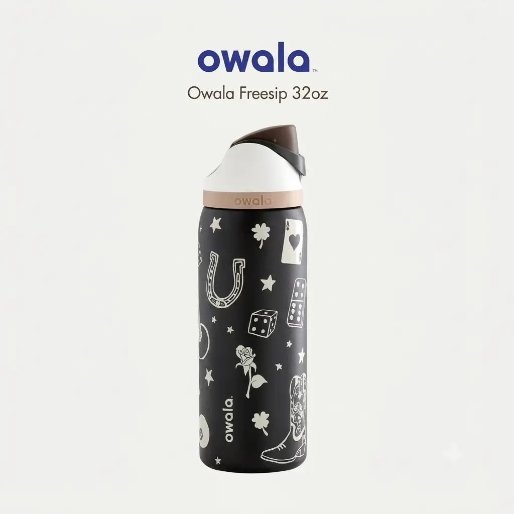 Owala UO Exclusive 32 oz FreeSip Water Bottle – Lucky Western Black Design Insulated Stainless Steel Bottle with Straw Lid for Travel, School & Daily Hydration