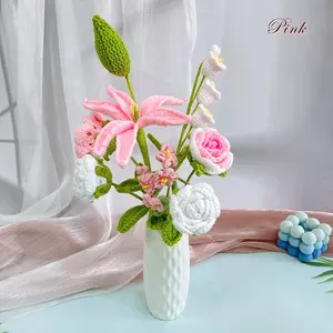 Handmade Crochet Rose - lily - forget-me-not -Flower arrangement with vase-Mixed Eternal Flower - Home decor - Housewarming gift