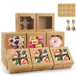 50 PCS Cupcake Boxes with Window, Cookie Boxes, Bakery Containers for Pastry, Dessert, Chocolate Strawberries, Treat Container with Stickers & Jute Twine
