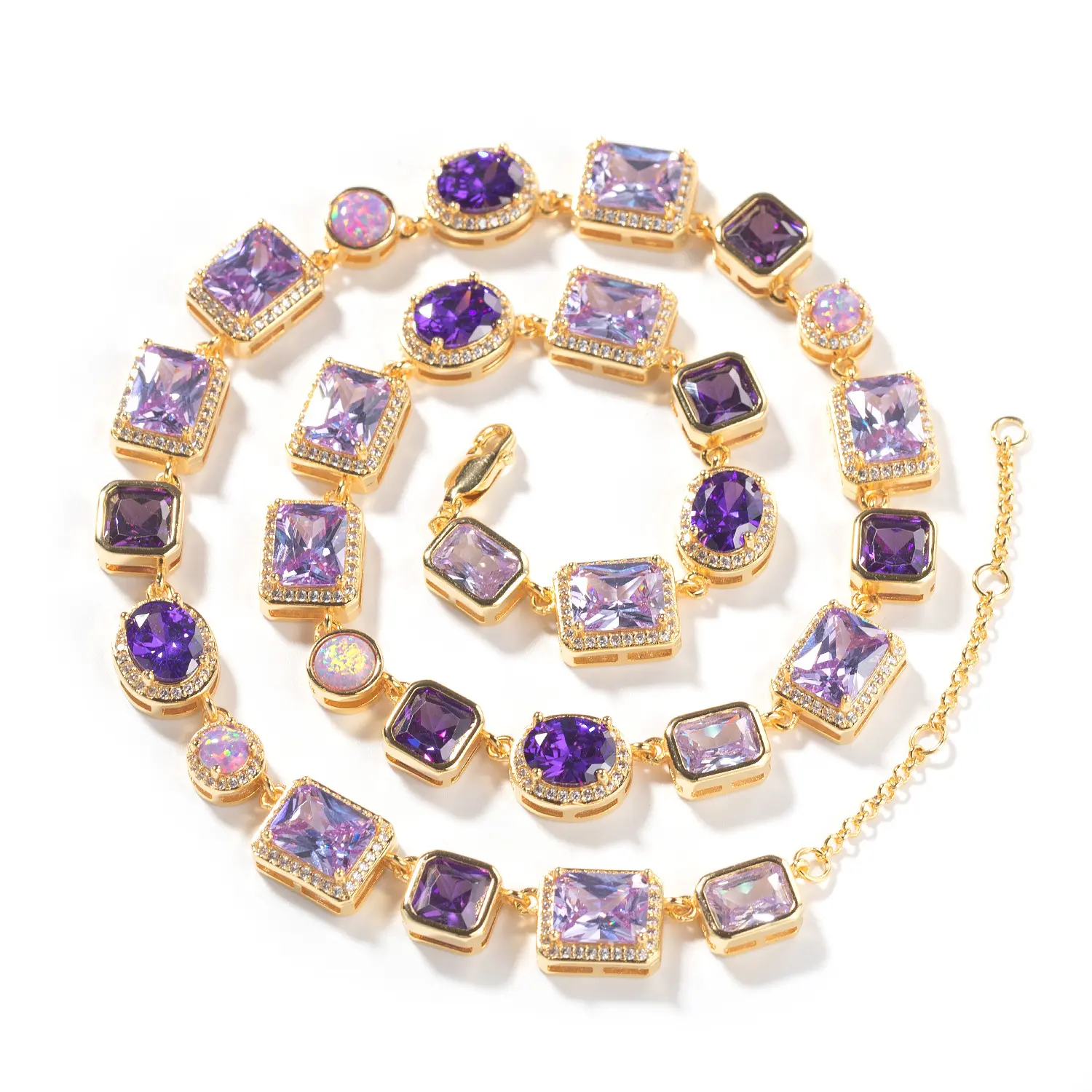 Luxury 10mm Geometric Princess Cut Purple Gems Opal Bracelet & Necklace For Women Party Gift Adjustable Extender Chain Sparkling Charm Trendy Jewelry Girlfriend Birthday Gift