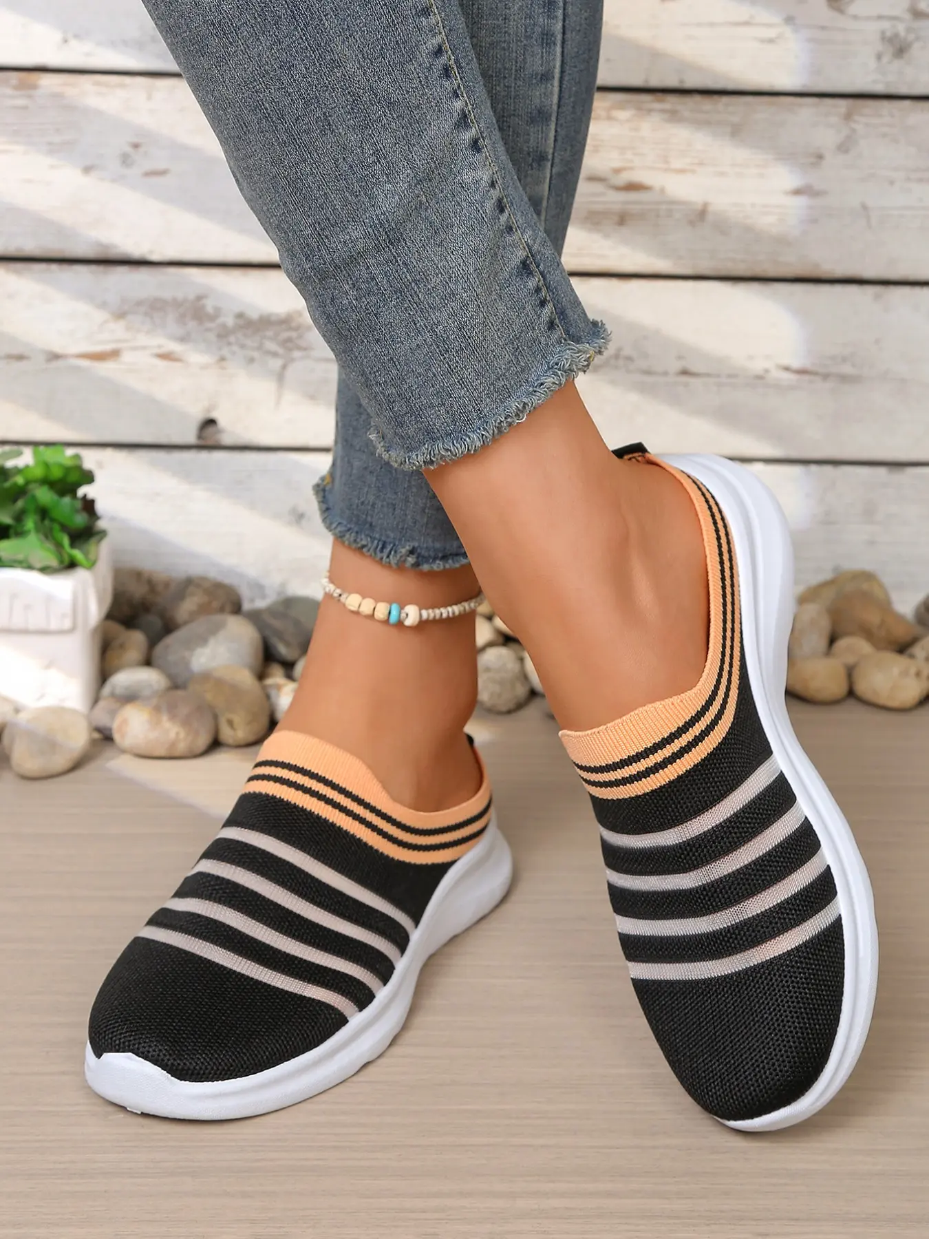 Striped Mesh Breathable Walking Slippers, Soft Sole Lightweight Commuter Mules, Home and Outdoor Two-Use Lazy Shoes