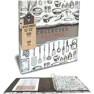 Recipe Binder, Full Page 3 Ring Standard Binder Organizer Set (with 50 Page Protectors & 12 Category Divider Tabs) 11.5" x 12" Sleek  Design
