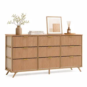 9 Fabric Drawer Dresser for Bedroom, 57" Fluted Wooden Chest with Fabric Drawers, Modern Media Console & TV Stand for 35/45/55 Inch TV, Large Storage Organizer Cabinet with Reinforced Base