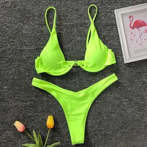 Neon Green V-bar Underwire Bikini 2025 Female Swimsuit Women Swimwear Two-piece V shape Wire Bikini set Bather Bathing Suit K439