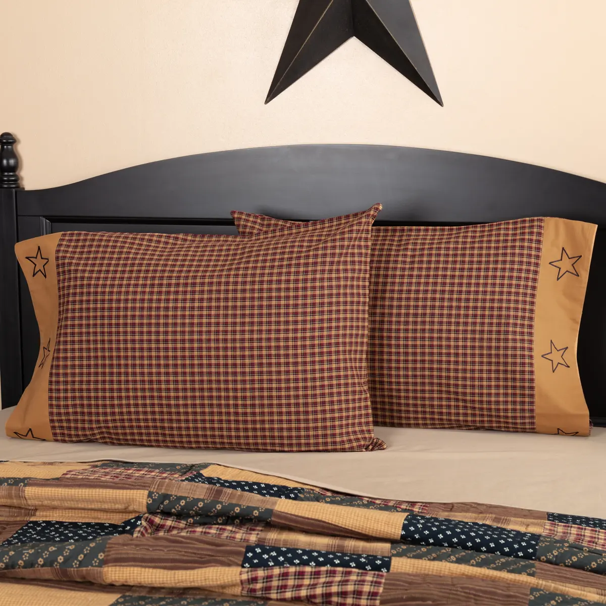 100% Cotton Primitive Patchwork Pillow Cases - Plaid Fabric, Double Sewn Seams, Machine Stitched Bed Linens for Bedroom Decor